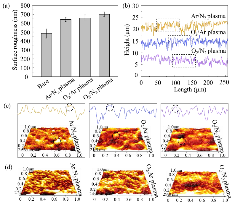 圖2 混合等離子體清洗前后鎂合金表面的粗糙度和微觀結(jié)構(gòu) (a) 粗糙度; (b) 輪廓線; (c) 微觀結(jié)構(gòu); (d) 活化1 0 min的微觀結(jié)構(gòu) 