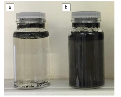 圖2 石墨烯等離子體處理前后在水中的分散性