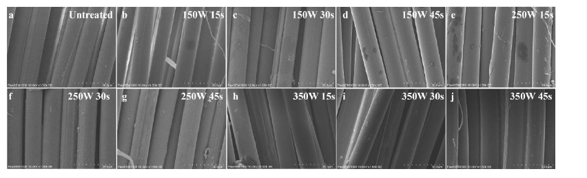 圖1 芳綸纖維掃描電子顯微鏡圖(1 500×) :a-未經(jīng)等離子體處理纖維;b-j為等離子體處理后纖維